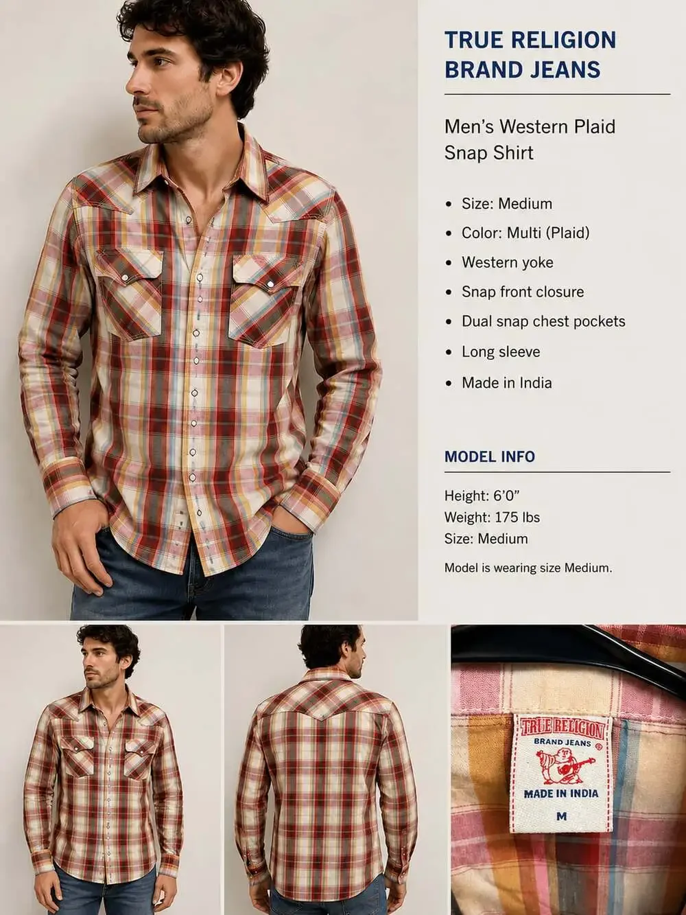 True Religion Men’s Medium Western Pearl Snap Shirt Red Plaid Cowboy Y2K